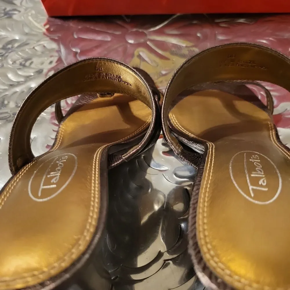 TalbotbronzeT-strap w/Brass accent heel sandal..deep bronze sz. 6
